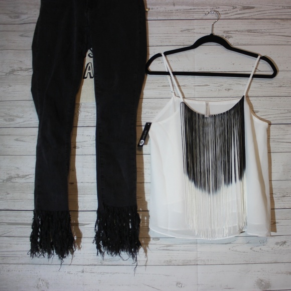 🌹BOUTIQUE🌹B+W ombré fringe chiffon top - Picture 5 of 8